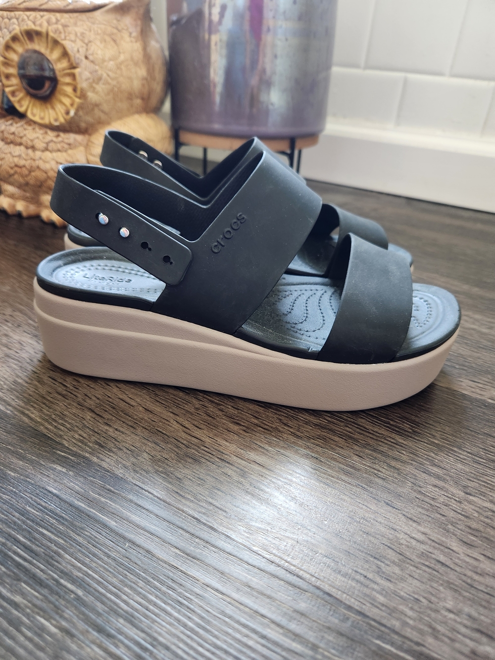 CROCS Black Strappy Platform Sandal with Tan Platform
